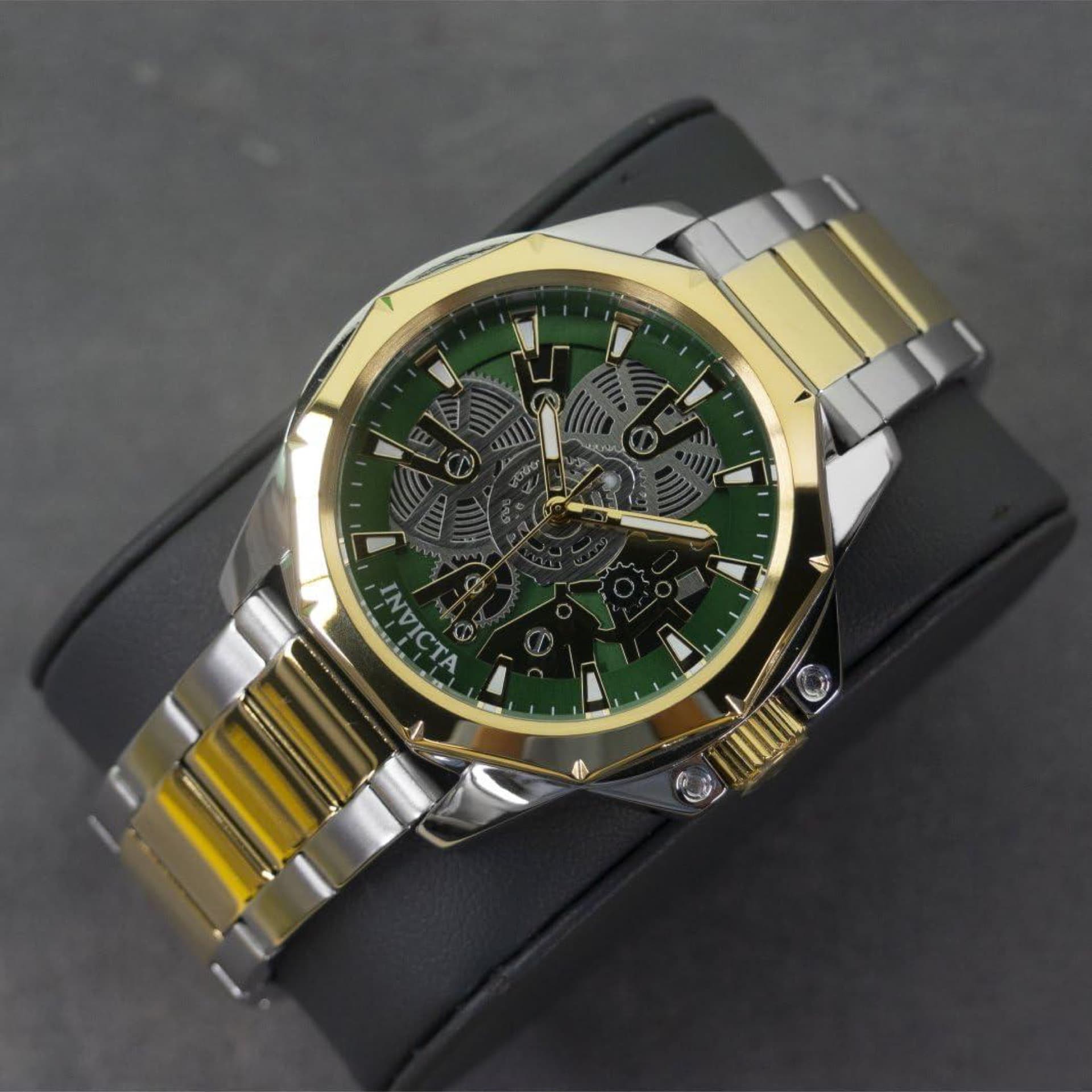 Invicta Objet D Art para hombre, 44 mm, acero inoxidable dorado + esfera verde, PC21, cuarzo